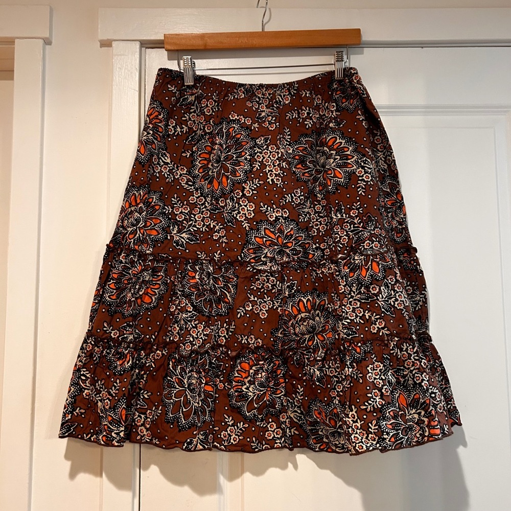 Vintage Dressbarn Renfair Boho Floral Tiered Midi Skirt Brown Womens 12 Peasant